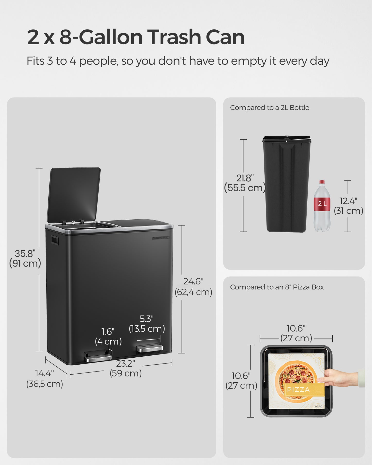 SONGMICS Dual Trash Can, 16 Gal (60L) Rubbish Bin and 15 Trash Bags, Metal Step Bin, with Dual Compartments, Airtight, Black