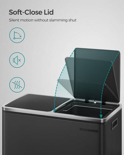 SONGMICS Dual Trash Can, 16 Gal (60L) Rubbish Bin and 15 Trash Bags, Metal Step Bin, with Dual Compartments, Airtight, Black