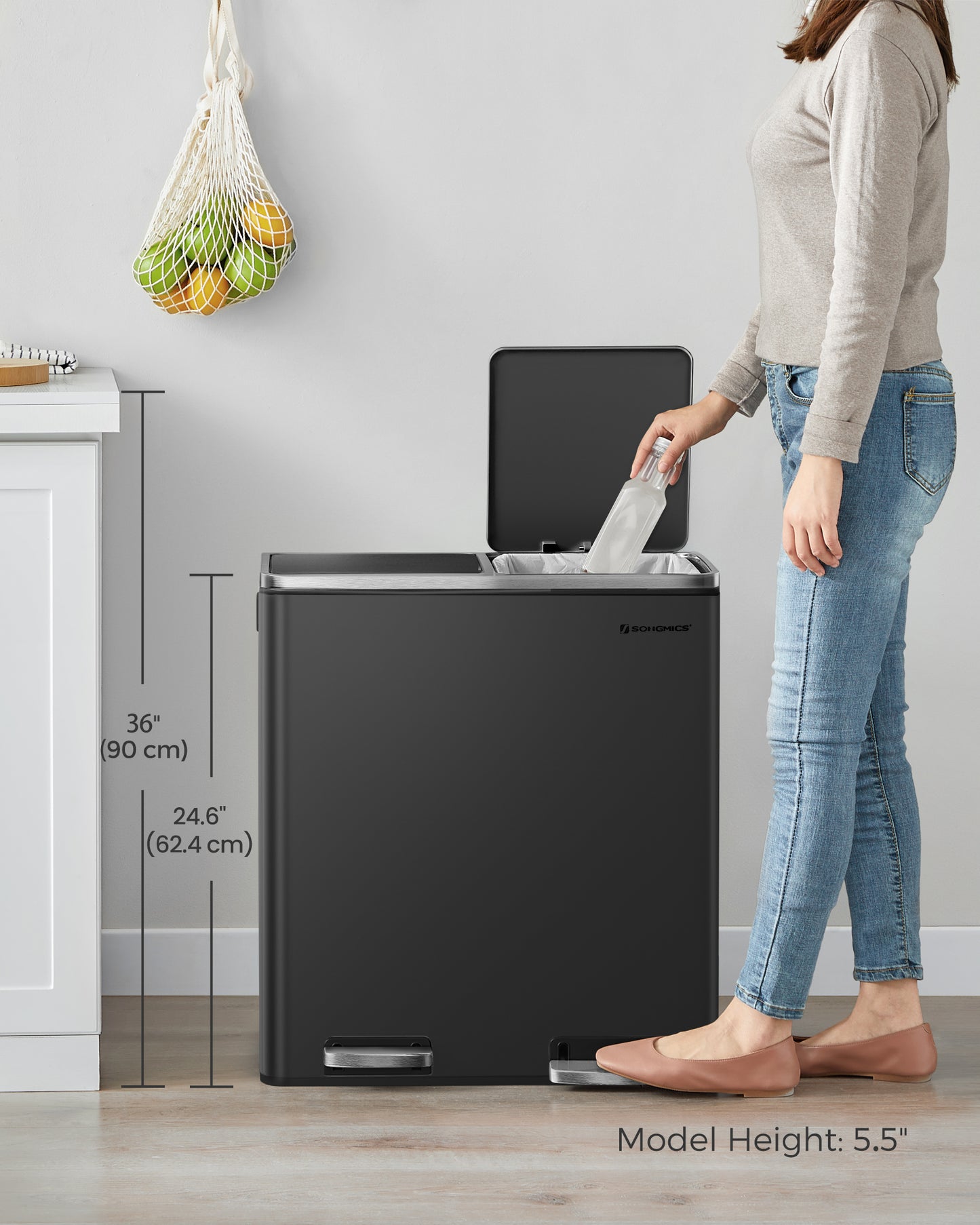 SONGMICS Dual Trash Can, 16 Gal (60L) Rubbish Bin and 15 Trash Bags, Metal Step Bin, with Dual Compartments, Airtight, Black