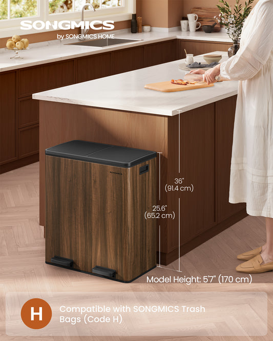 Dual Compartment Trash Can - 2x8 Gallon Kitchen Garbage Bin with Pedal, Removable Buckets & 15 Bags, Airtight Lid, Dark Walnut