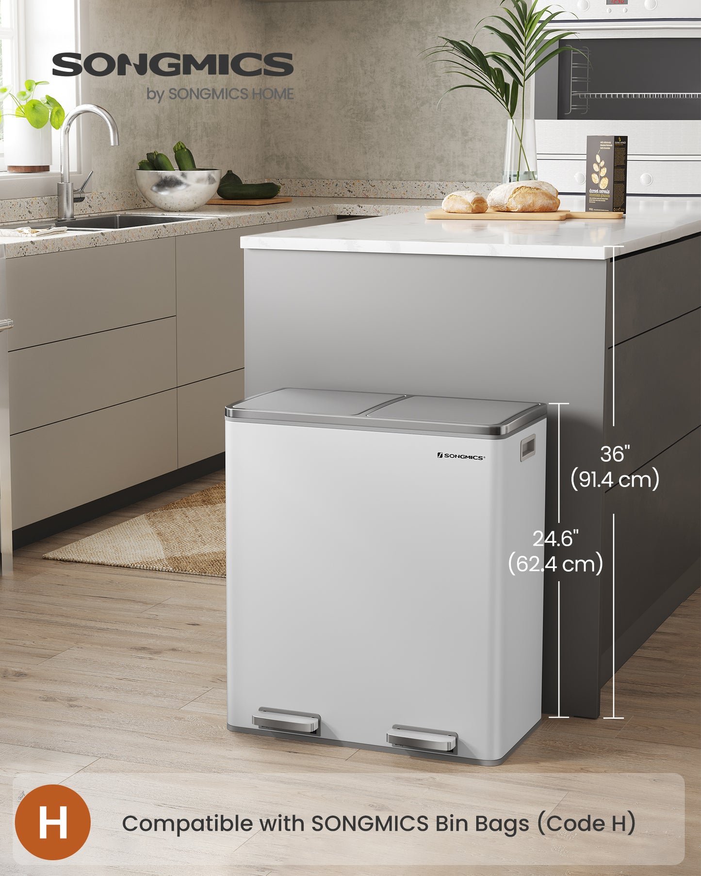 SONGMICS 16 Gal Trash Can, Garbage Can for Kitchen, with 15 Trash Bags, 2 Compartments, Airtight, White and Grey