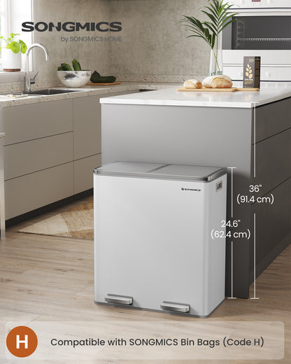 SONGMICS 16 Gal Trash Can, Garbage Can for Kitchen, with 15 Trash Bags, 2 Compartments, Airtight, White and Grey