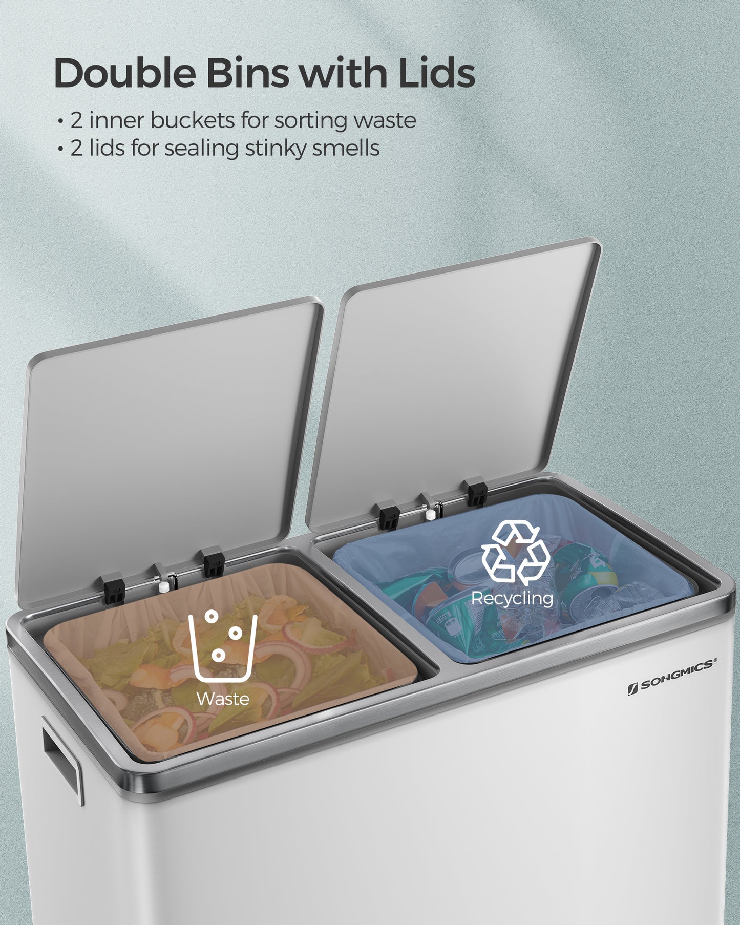 SONGMICS 16 Gal Trash Can, Garbage Can for Kitchen, with 15 Trash Bags, 2 Compartments, Airtight, White and Grey