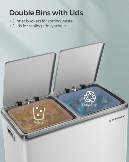 SONGMICS 16 Gal Trash Can, Garbage Can for Kitchen, with 15 Trash Bags, 2 Compartments, Airtight, White and Grey