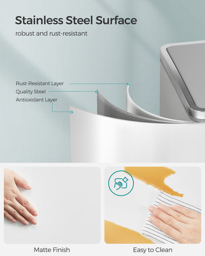 SONGMICS 16 Gal Trash Can, Garbage Can for Kitchen, with 15 Trash Bags, 2 Compartments, Airtight, White and Grey