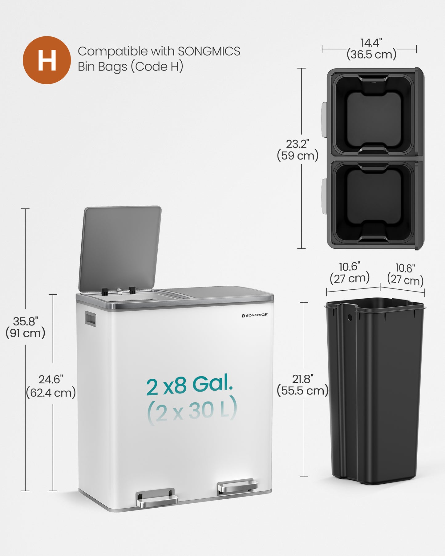 SONGMICS 16 Gal Trash Can, Garbage Can for Kitchen, with 15 Trash Bags, 2 Compartments, Airtight, White and Grey