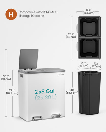 SONGMICS 16 Gal Trash Can, Garbage Can for Kitchen, with 15 Trash Bags, 2 Compartments, Airtight, White and Grey