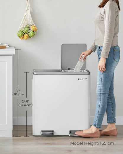 SONGMICS 16 Gal Trash Can, Garbage Can for Kitchen, with 15 Trash Bags, 2 Compartments, Airtight, White and Grey