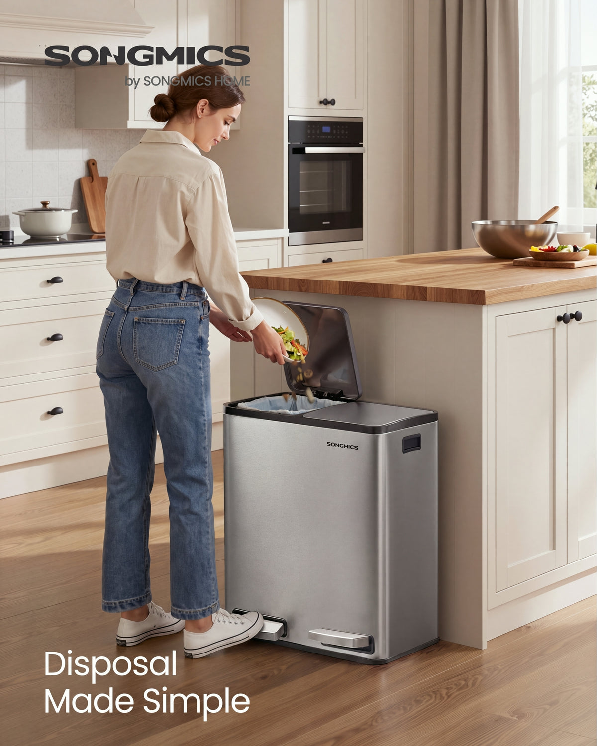 SONGMICS Trash Can, 2 x 8 Gallon (2 x 30 L) Double Compartment Garbage Can for Recycling, Stainless Steel, with 15 Liner Bags, Soft-Close Lids, Removable Buckets, Pedals, Silver