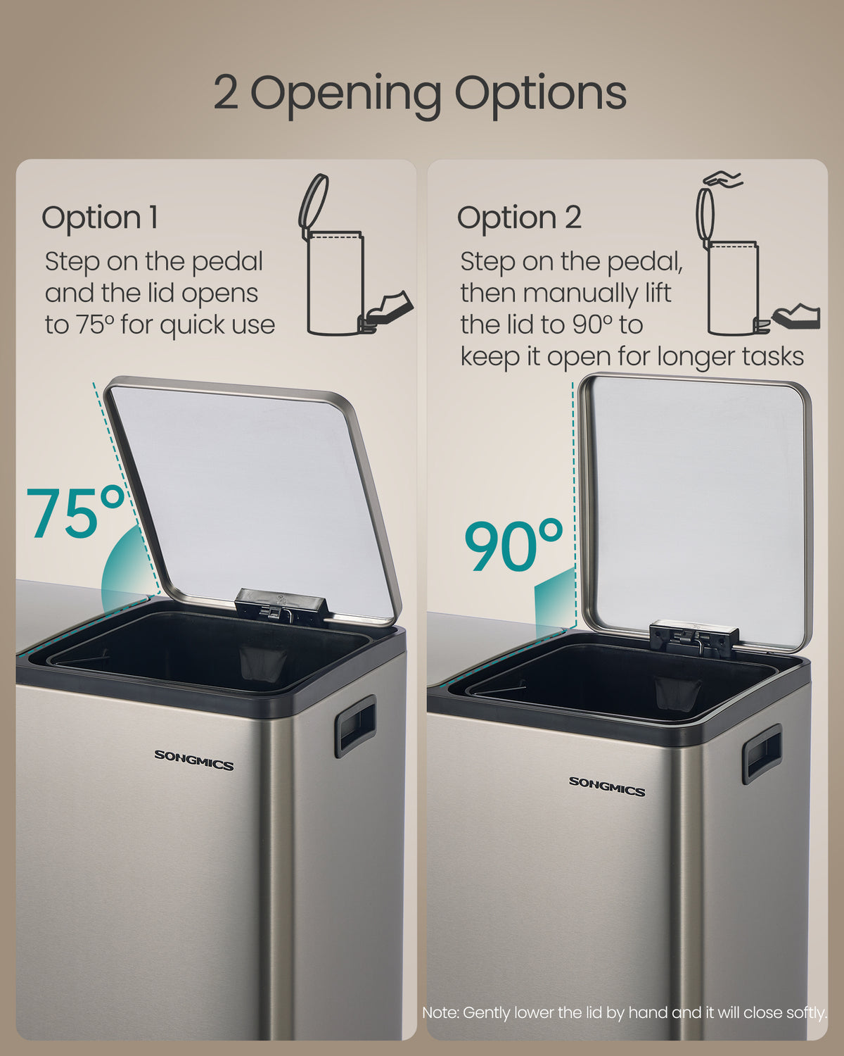 SONGMICS Trash Can, 2 x 8 Gallon (2 x 30 L) Double Compartment Garbage Can for Recycling, Stainless Steel, with 15 Liner Bags, Soft-Close Lids, Removable Buckets, Pedals, Silver