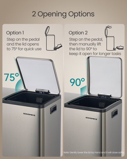 SONGMICS Trash Can, 2 x 8 Gallon (2 x 30 L) Double Compartment Garbage Can for Recycling, Stainless Steel, with 15 Liner Bags, Soft-Close Lids, Removable Buckets, Pedals, Silver