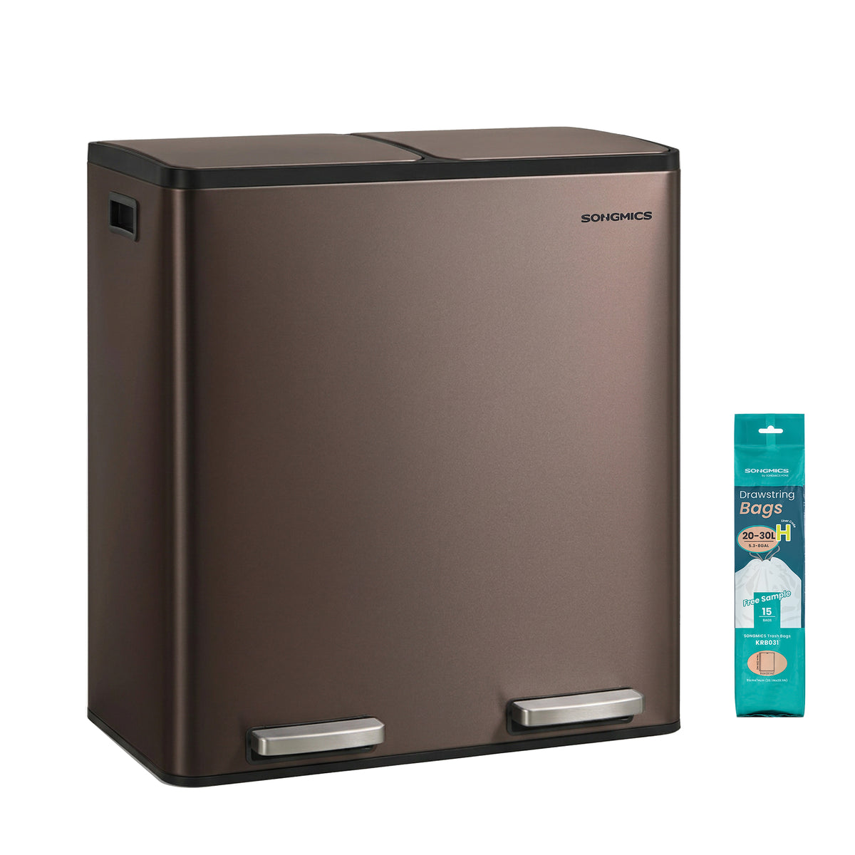 SONGMICS Trash Can, 2 x 8 Gallon (2 x 30 L) Double Compartment Garbage Can for Recycling, Stainless Steel, with 15 Liner Bags, Soft-Close Lids, Removable Buckets, Pedals, Brown