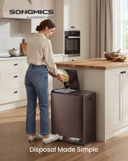 SONGMICS Trash Can, 2 x 8 Gallon (2 x 30 L) Double Compartment Garbage Can for Recycling, Stainless Steel, with 15 Liner Bags, Soft-Close Lids, Removable Buckets, Pedals, Brown