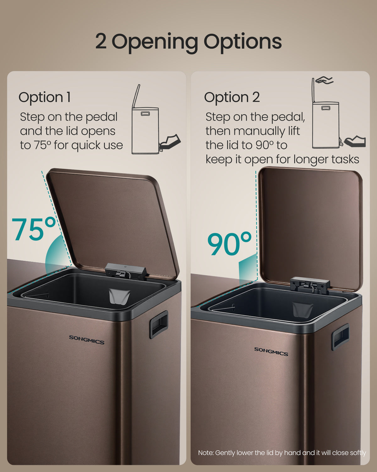 SONGMICS Trash Can, 2 x 8 Gallon (2 x 30 L) Double Compartment Garbage Can for Recycling, Stainless Steel, with 15 Liner Bags, Soft-Close Lids, Removable Buckets, Pedals, Brown
