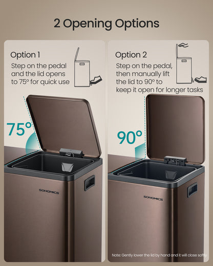SONGMICS Trash Can, 2 x 8 Gallon (2 x 30 L) Double Compartment Garbage Can for Recycling, Stainless Steel, with 15 Liner Bags, Soft-Close Lids, Removable Buckets, Pedals, Brown