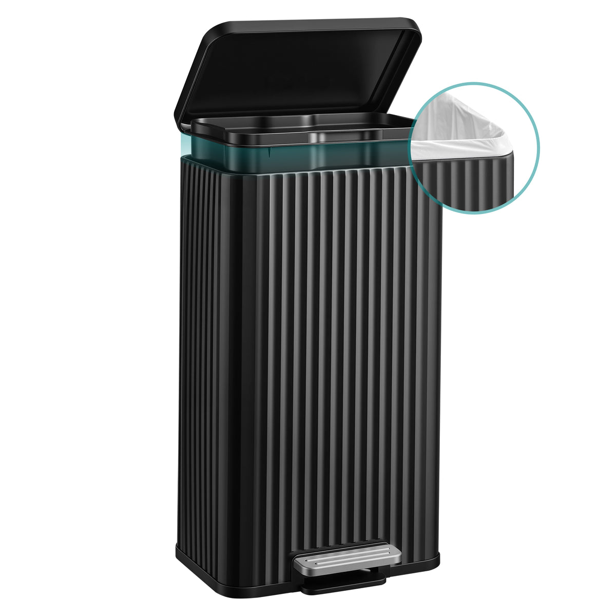 SONGMICS Trash Can with Lid, 30 L Stainless Steel Garbage Can, Step Bin with Inner Bucket for Kitchen, Bathroom, Bedroom, 13.2 x 11.7 x 23.4 Inch, Black, PATIA Collection