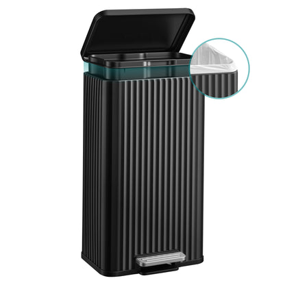 SONGMICS Trash Can with Lid, 30 L Stainless Steel Garbage Can, Step Bin with Inner Bucket for Kitchen, Bathroom, Bedroom, 13.2 x 11.7 x 23.4 Inch, Black, PATIA Collection
