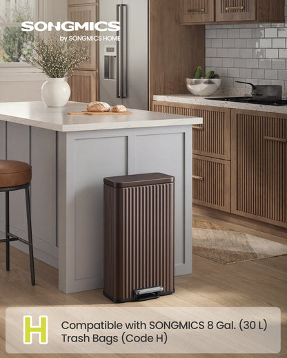 SONGMICS Trash Can with Lid, 30 L Stainless Steel Garbage Can, Step Bin with Inner Bucket for Kitchen, Bathroom, Bedroom, 13.2 x 11.7 x 23.4 Inch, Reddish Brown, PATIA Collection