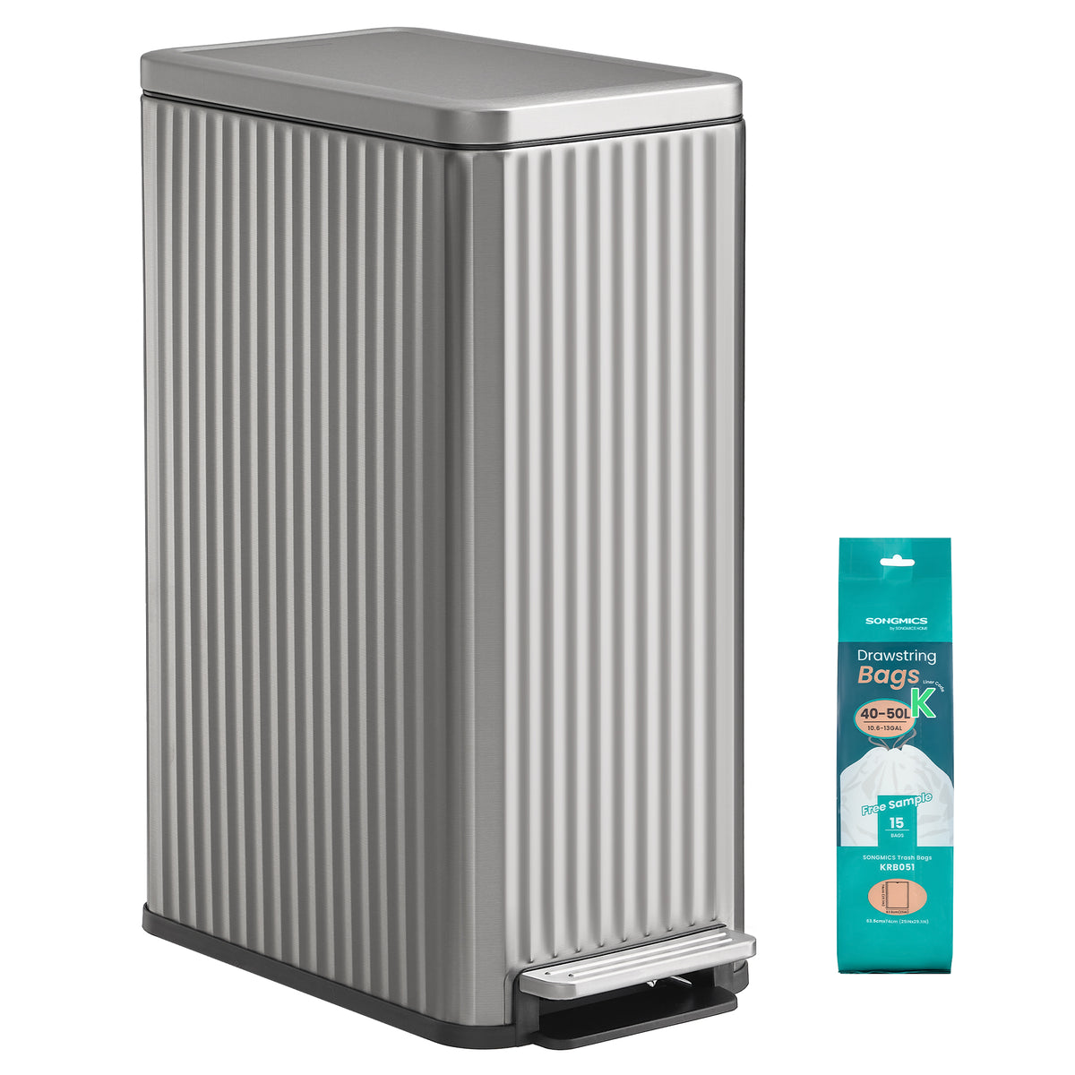 SONGMICS Trash Can, 13 Gallon (50 L) Slim Garbage Can for Kitchen, with Soft-Close Lid, Pedal, Removable Inner Bucket, Stainless Steel, 15 Trash Bags, Space-Saving, Metallic Silver