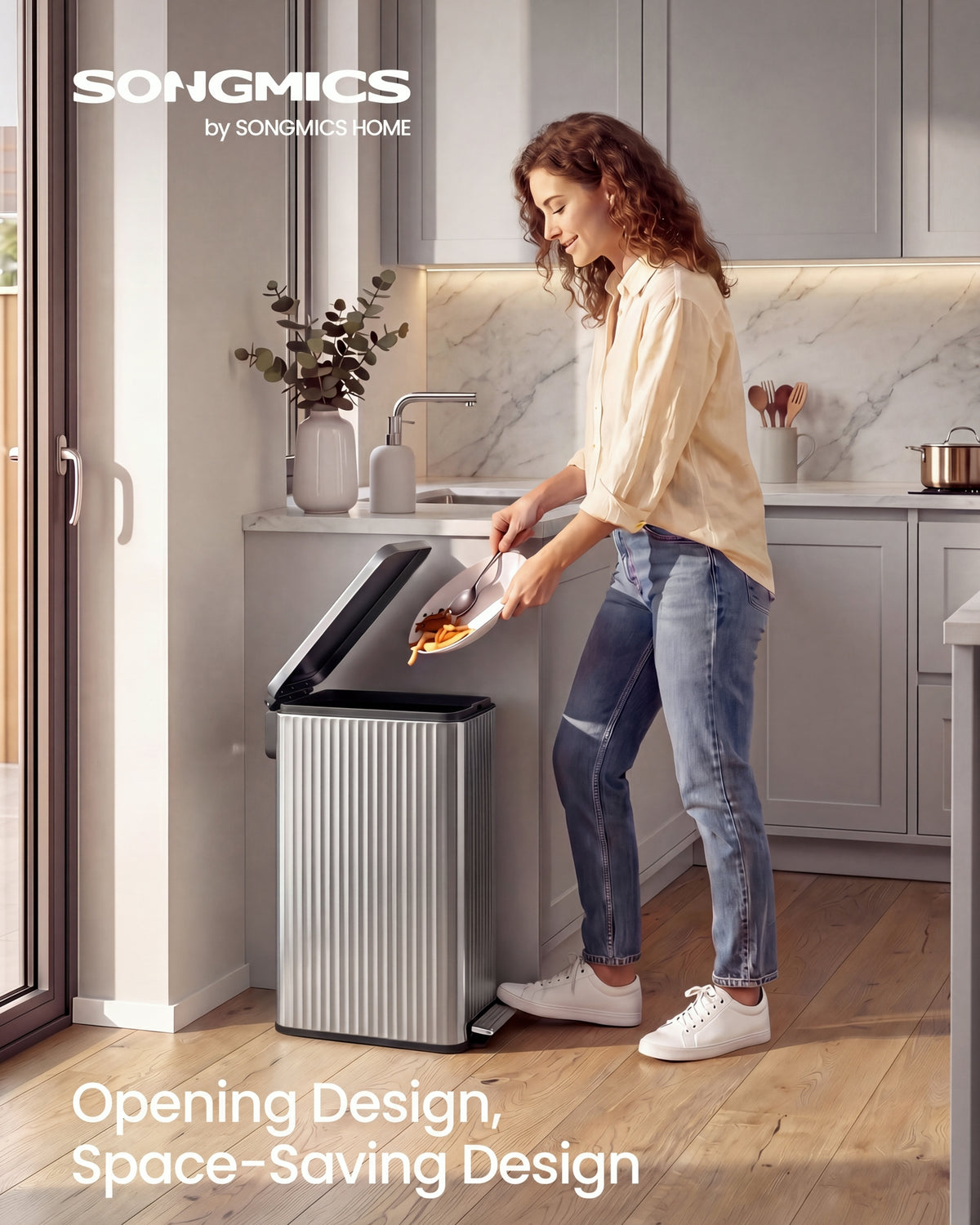 SONGMICS Trash Can, 13 Gallon (50 L) Slim Garbage Can for Kitchen, with Soft-Close Lid, Pedal, Removable Inner Bucket, Stainless Steel, 15 Trash Bags, Space-Saving, Metallic Silver