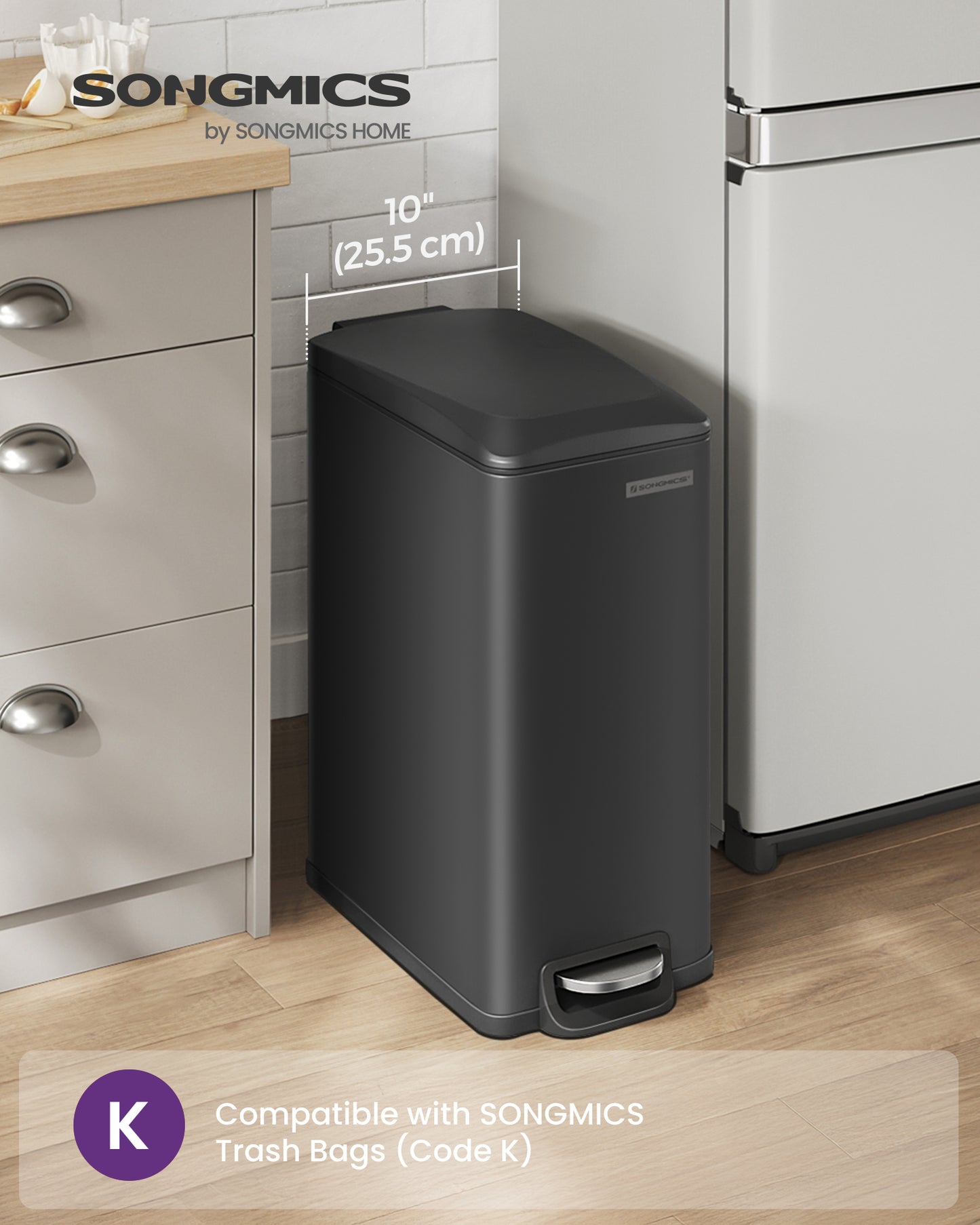 Slim Trash Can, 12.7 Gallon Garbage Can for Narrow Spaces with Soft-Close Lid, Black