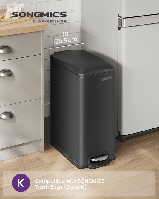 Slim Trash Can, 12.7-Gal (48 L) Garbage Can for Narrow Spaces with Soft-Close Lid, Stainless Steel, 15 Trash Bags Included, Black