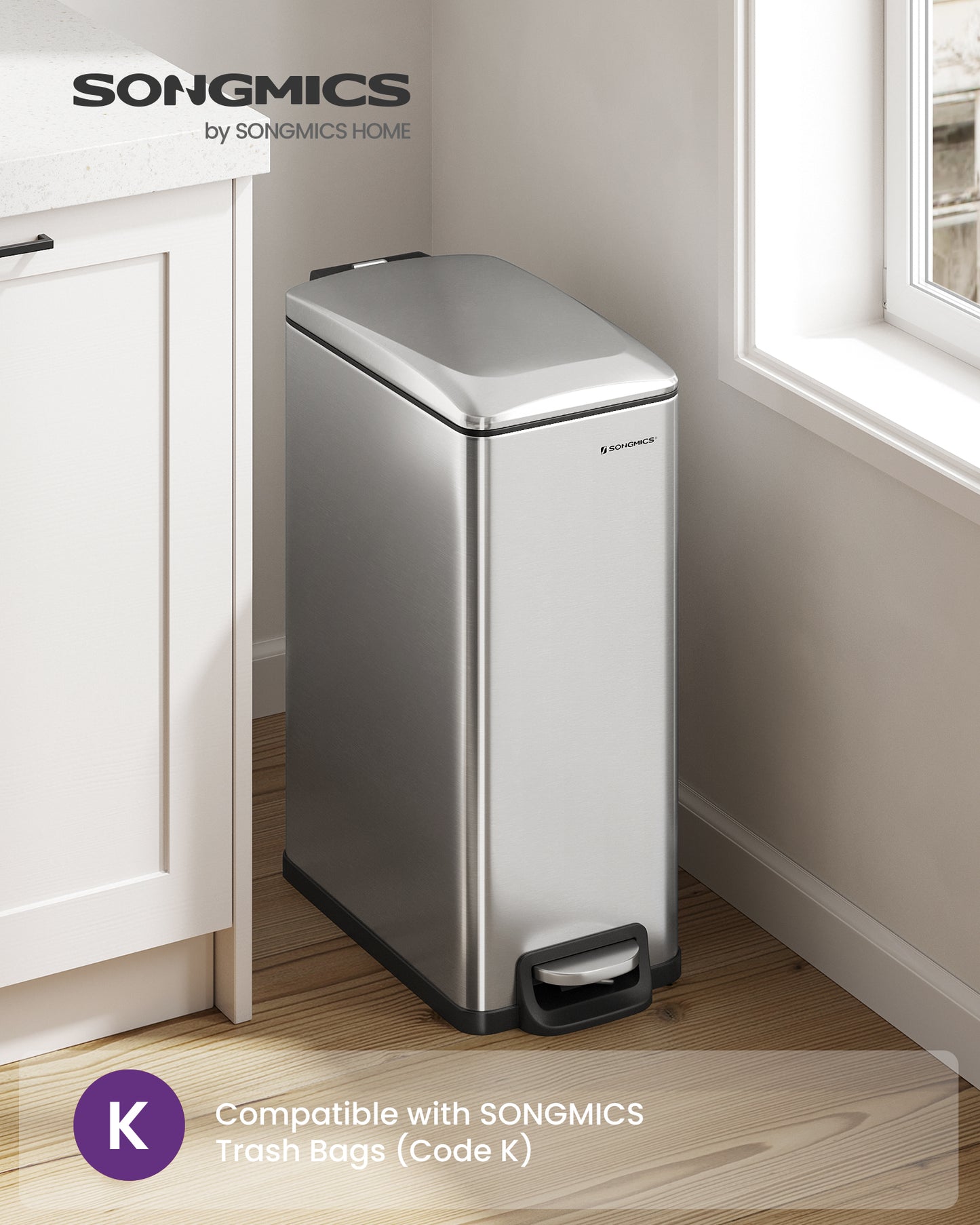 Slim 12.7-Gallon Trash Can for Narrow Spaces, 13 Gallons Garbage Can with Soft-Close Lid, Inner Bucket, Step-on Pedal, 15 Trash Bags Included