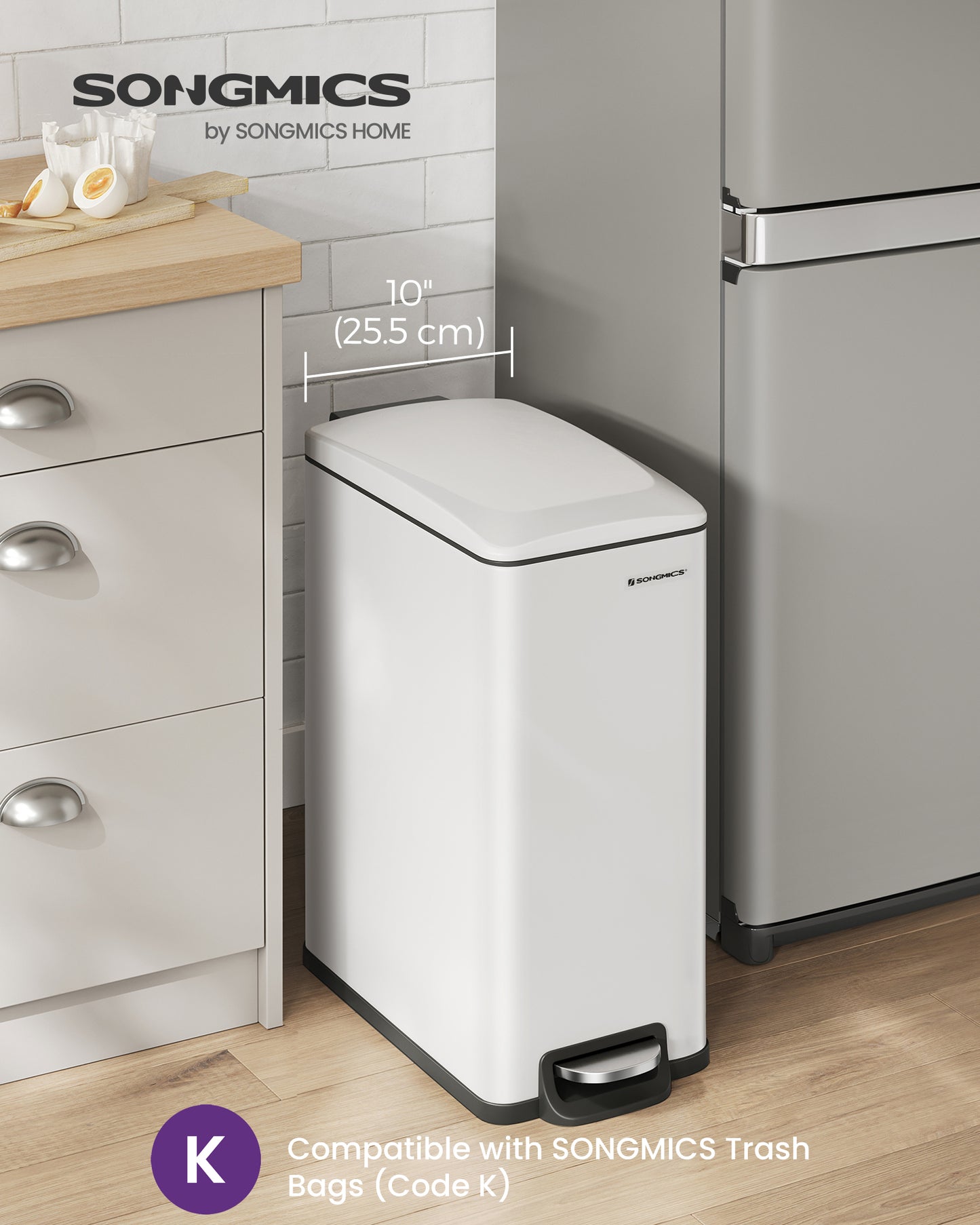 Slim Trash Can, 12.7 Gallon Garbage Can for Narrow Spaces with Soft-Close Lid, White