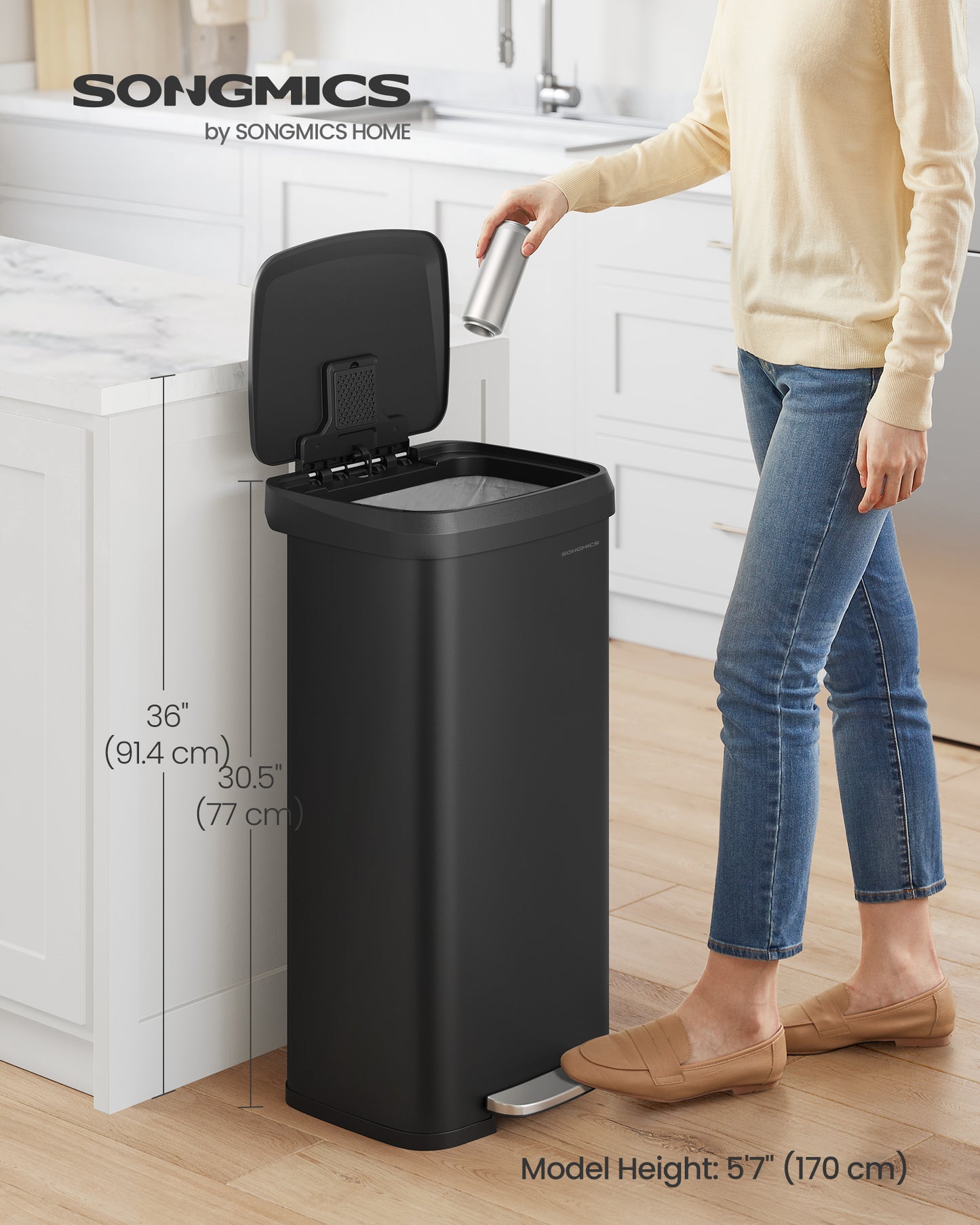 Kitchen Trash Can, 18-Gallon Stainless Steel Garbage Can, with Stay-Open Lid and Step-on Pedal, Soft Closure, Tall, Large and Space-Saving, Black