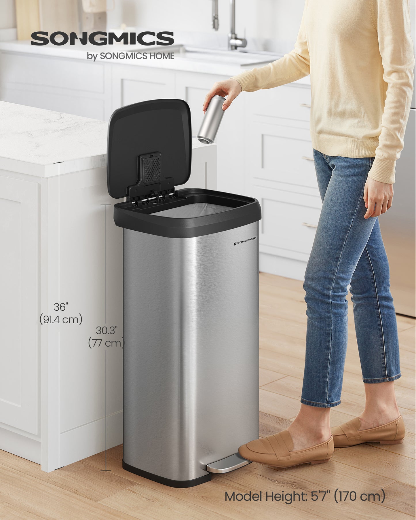 Kitchen Trash Can 18 Gallon Stainless Steel Garbage Can Recycle Bin with Stay-Open Lid and Step-on Pedal Silver and Black