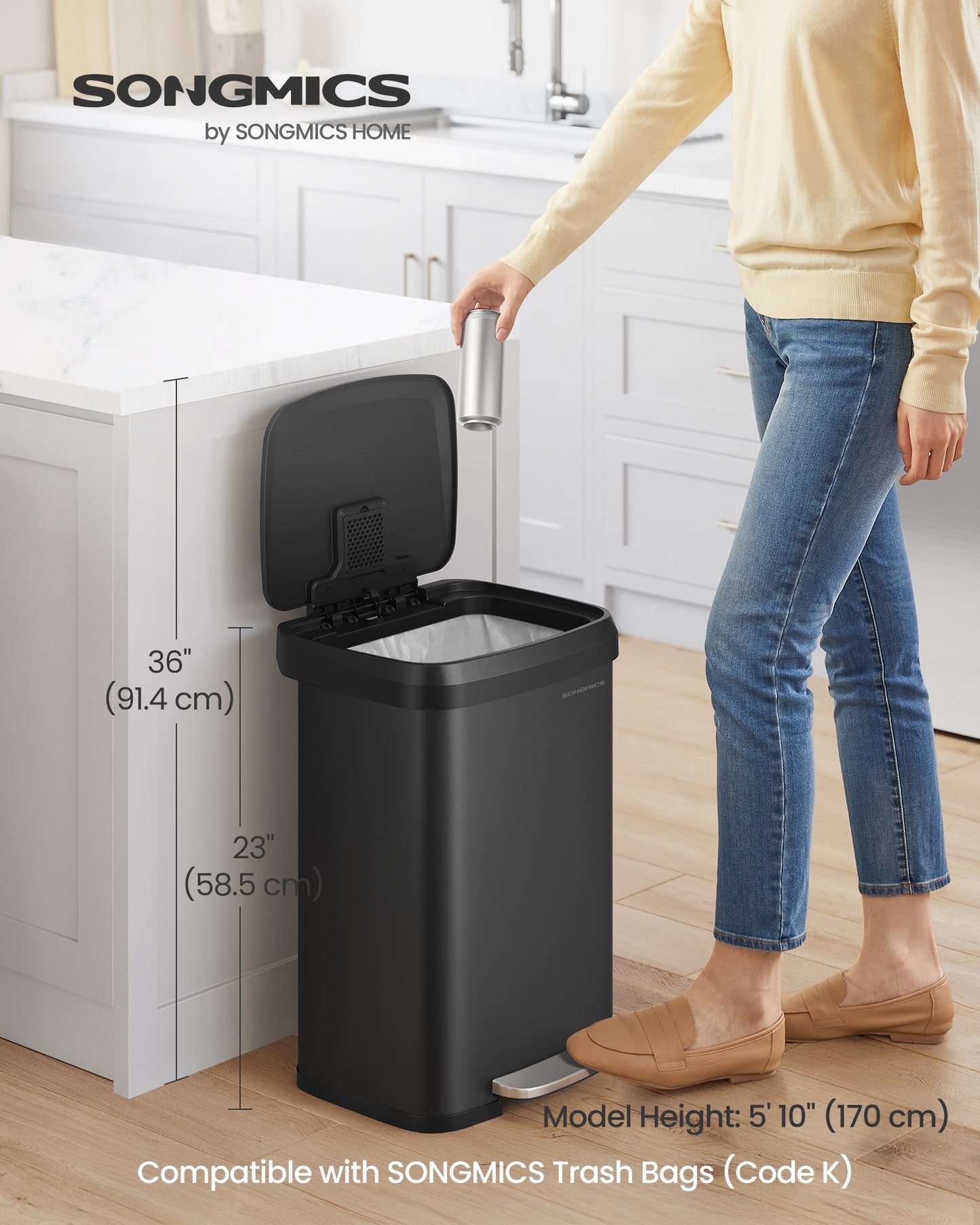 Kitchen Trash Can 13 Gallon Stainless Steel Garbage Can Recycle Bin with Stay-Open Lid and Step-on Pedal Black