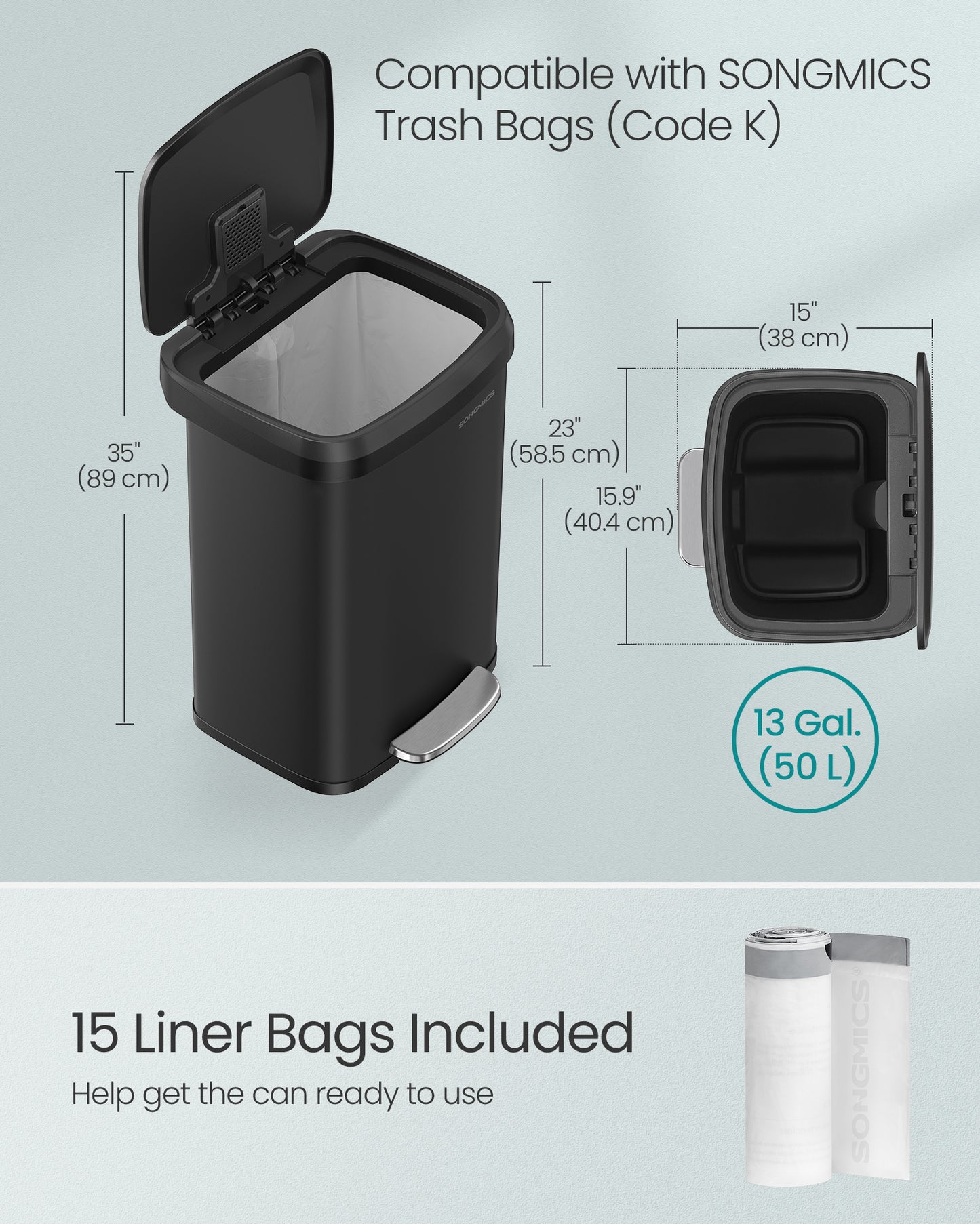 SONGMICS Kitchen Trash Can 13 Gallon Stainless Steel Garbage Can Recycle Bin with Stay-Open Lid and Step-on Pedal Black