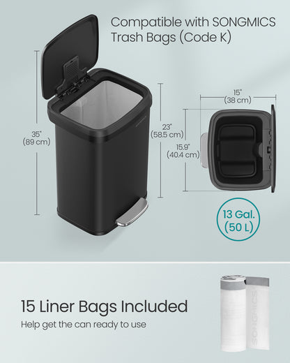 SONGMICS Kitchen Trash Can 13 Gallon Stainless Steel Garbage Can Recycle Bin with Stay-Open Lid and Step-on Pedal Black