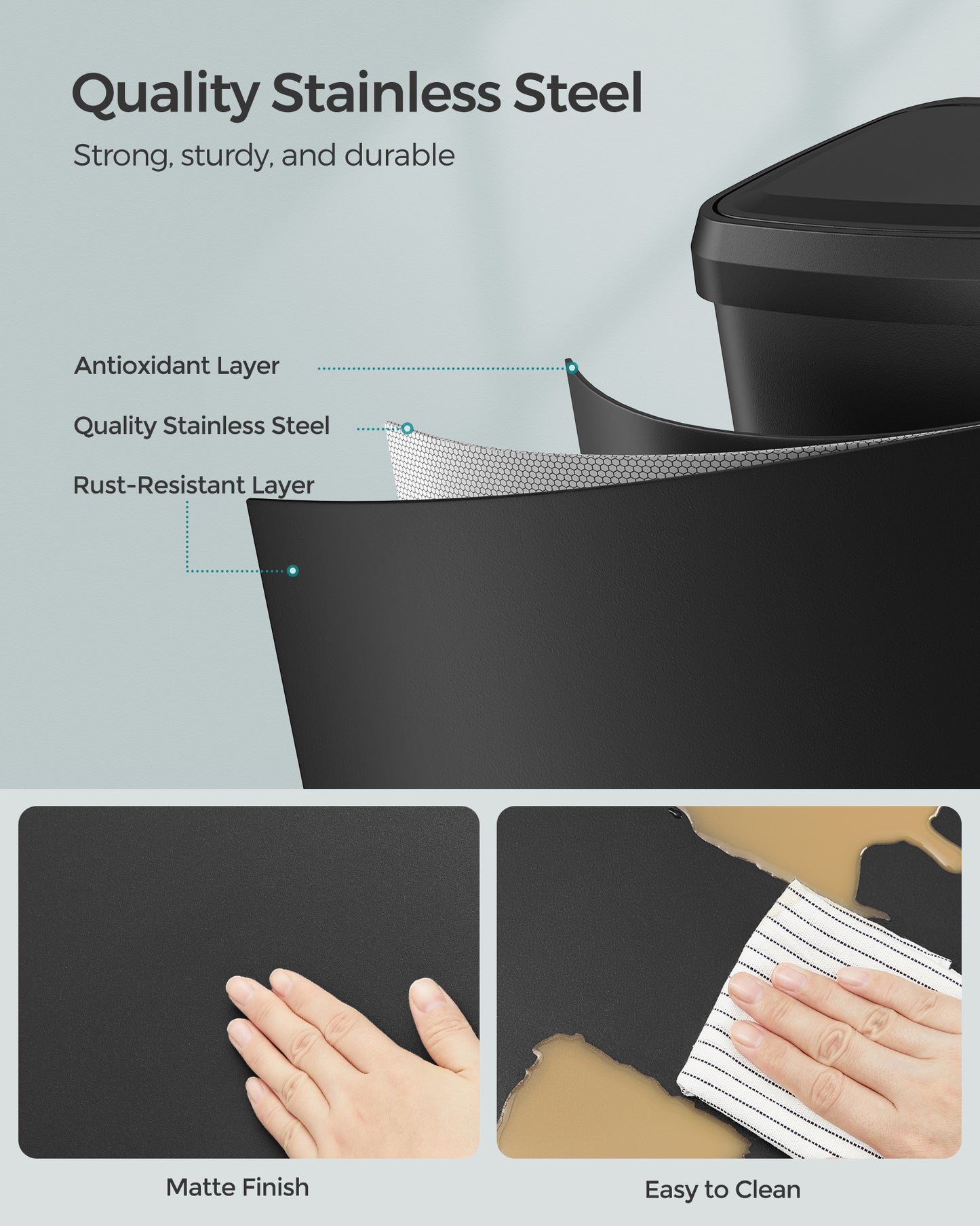 SONGMICS Kitchen Trash Can 13 Gallon Stainless Steel Garbage Can Recycle Bin with Stay-Open Lid and Step-on Pedal Black