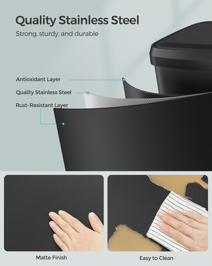 SONGMICS Kitchen Trash Can 13 Gallon Stainless Steel Garbage Can Recycle Bin with Stay-Open Lid and Step-on Pedal Black