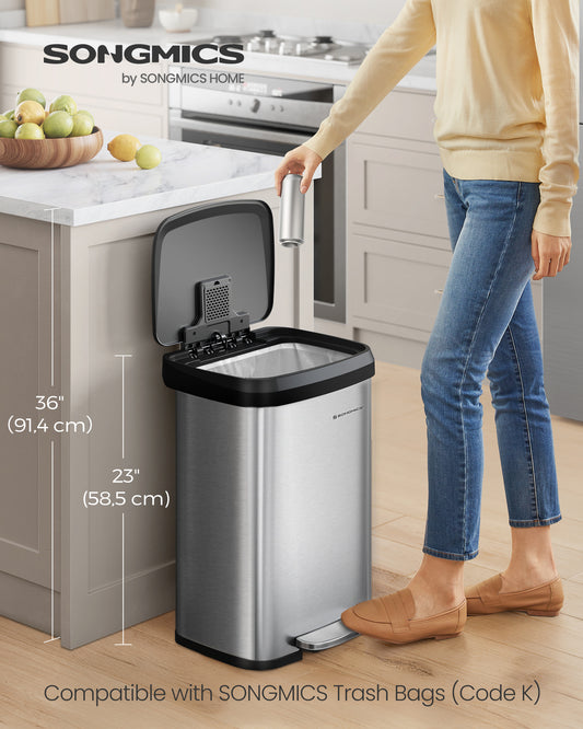 13 Gallon Kitchen Trash Can Stainless Steel Garbage Can Recycle Bin with Stay-Open Lid and Step-on Pedal Silver and Black