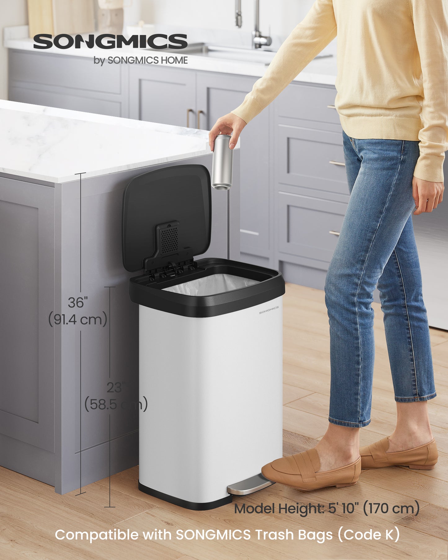 Kitchen Trash Can, 13-Gallon Stainless Steel Garbage Can, Soft Closure, White