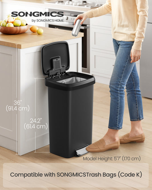 12-Gallon Kitchen Trash Can with Soft-Close Lid, Stainless Steel Pedal and Wheels, Odor Control, Compact Garbage Bin, Ink Black