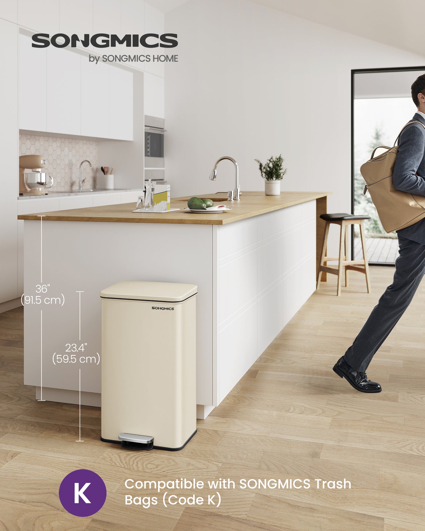 SONGMICS Kitchen Trash Can, 10.5 Gallon (40 L) Garbage Can, Large Step Trash Bin with Lid, 15 Trash Bags Included, Sand Beige