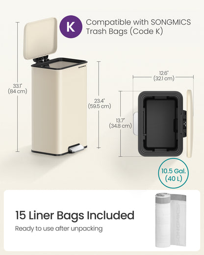 SONGMICS Kitchen Trash Can, 10.5 Gallon (40 L) Garbage Can, Large Step Trash Bin with Lid, 15 Trash Bags Included, Sand Beige