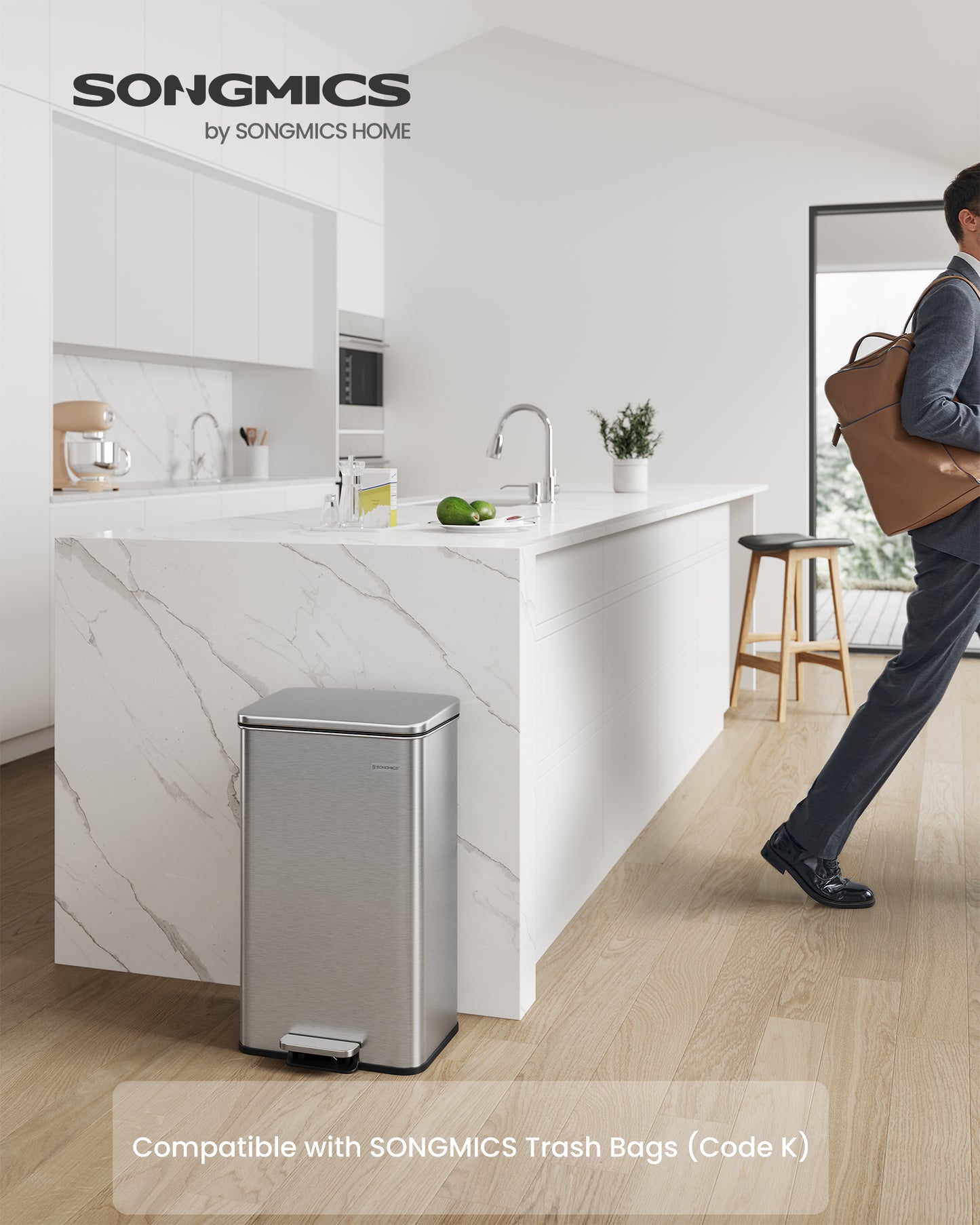 Kitchen Trash Can, 10.5 Gallon (40 L) Garbage Can, Large Step Trash Bin with Lid, Stainless Steel, Soft Close, 15 Trash Bags Included, Silver