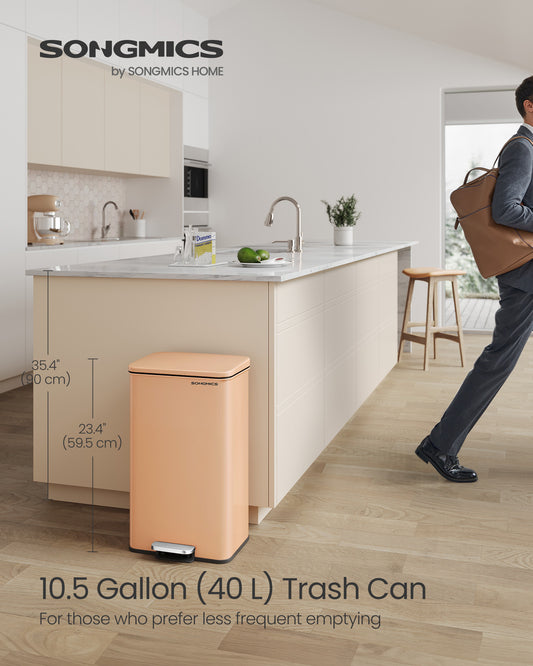 10.5 Gallon (40 L) Kitchen Trash Can, Garbage Can, Large Step Trash Bin with Lid, Stainless Steel, Soft Close, 15 Trash Bags Included, Peach Fuzz