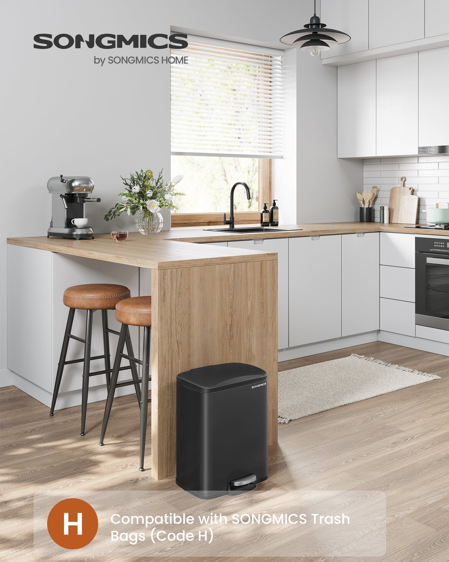 5.2-Gallon (20L) Trash Can, Garbage Can with Lid, Step Trash Bin for Kitchen, Stainless Steel, Soft Close and Stays Open, Inner Bucket, Includes 15 Trash Bags, Black