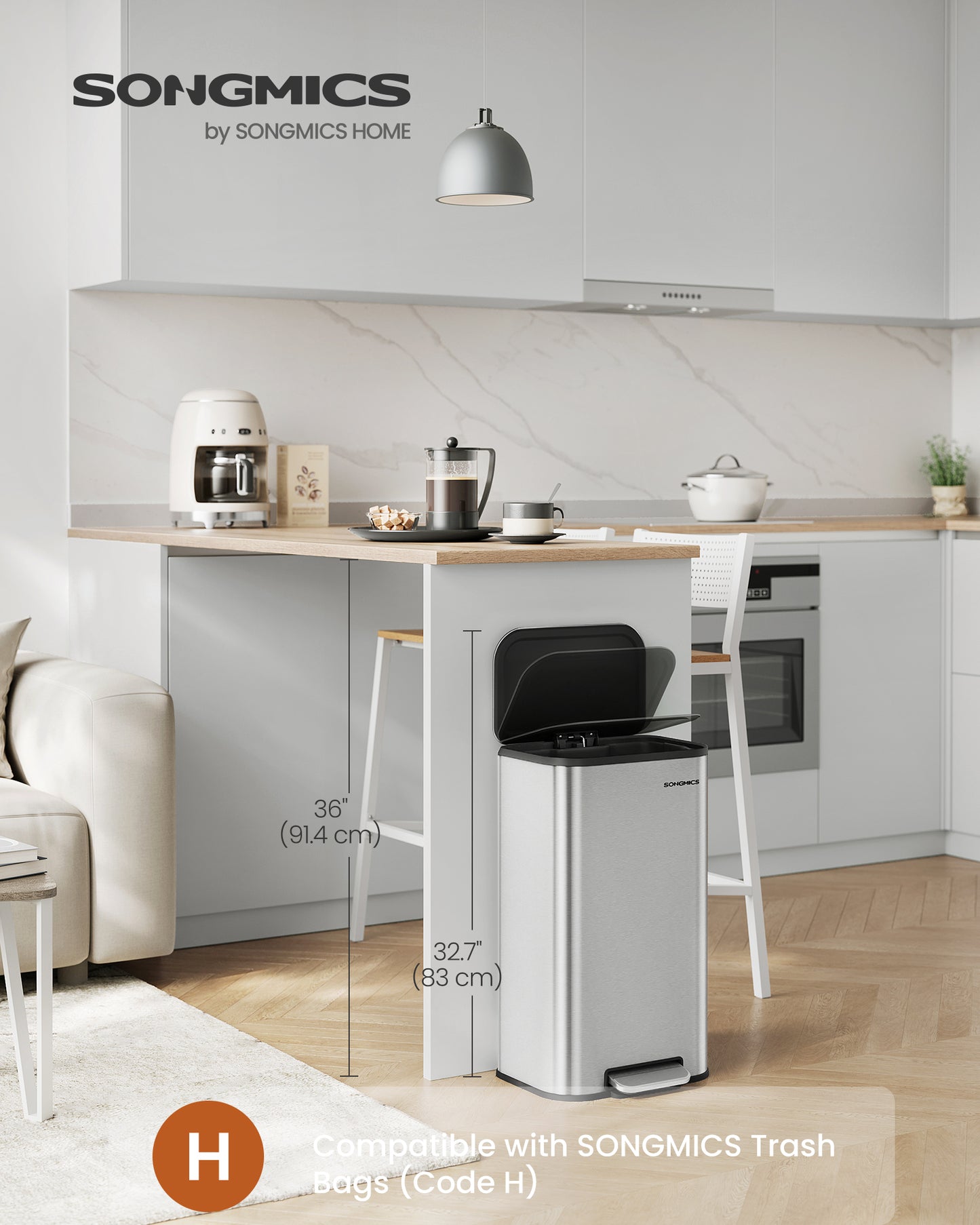 8 - Gallon (30 L) Stainless Steel Kitchen Trash Can with Lid. Features Soft Close, Stays Open Function, Wide Non - Slip Pedal. Metallic Silver