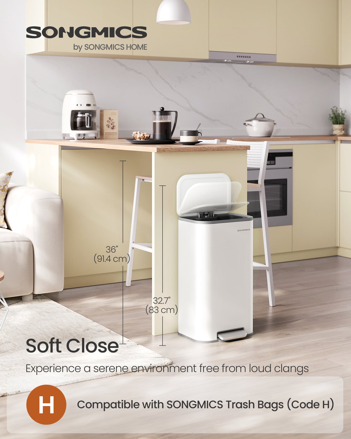 8-Gallon (30L) Stainless Steel Kitchen Trash Bin with Soft Close Lid, Inner Bucket & Non-Slip Pedal, Cloud White