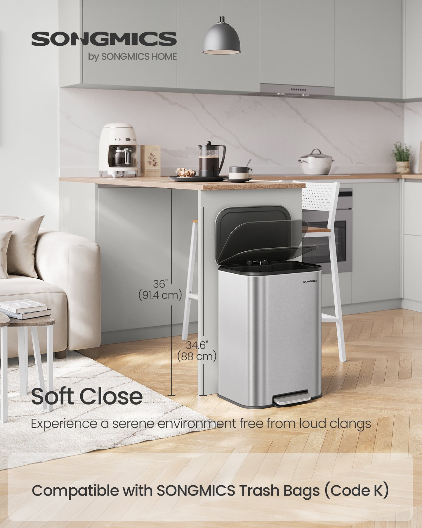 13-Gallon (50 L) Stainless Steel Kitchen Trash Can with Lid. Features soft close & stays open function, wide non - slip pedal, inner bucket.