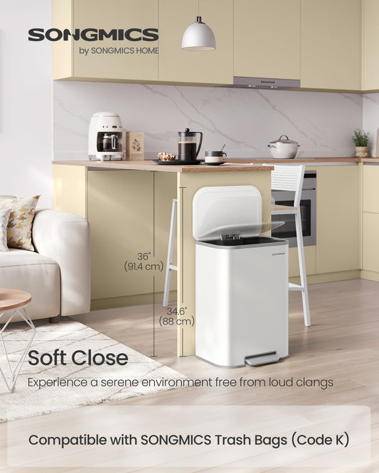 13-Gallon Stainless Steel Trash Can with Soft-Close Lid, Inner Bucket and Wide Pedal, Compact Kitchen Garbage Bin, Cloud White