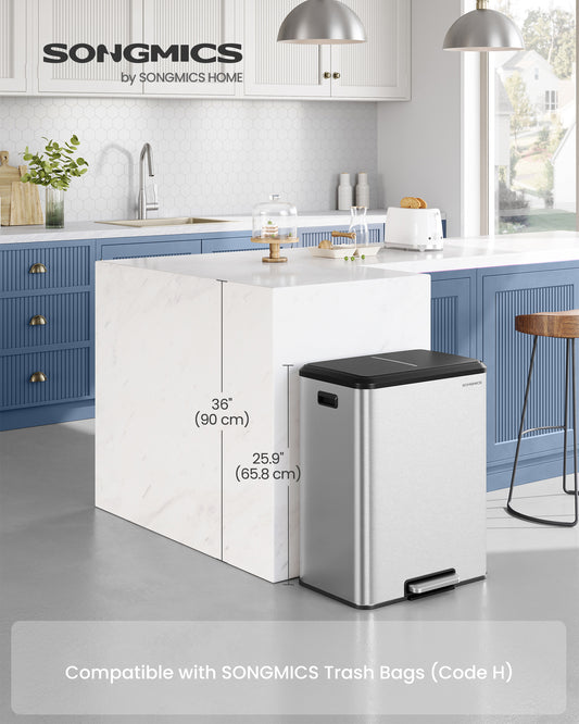 Double Compartment Trash Can - 2x8 Gallon Stainless Steel Recycling Bin with Soft-Close Lid & Pedal, Inner Buckets, Metallic Silver