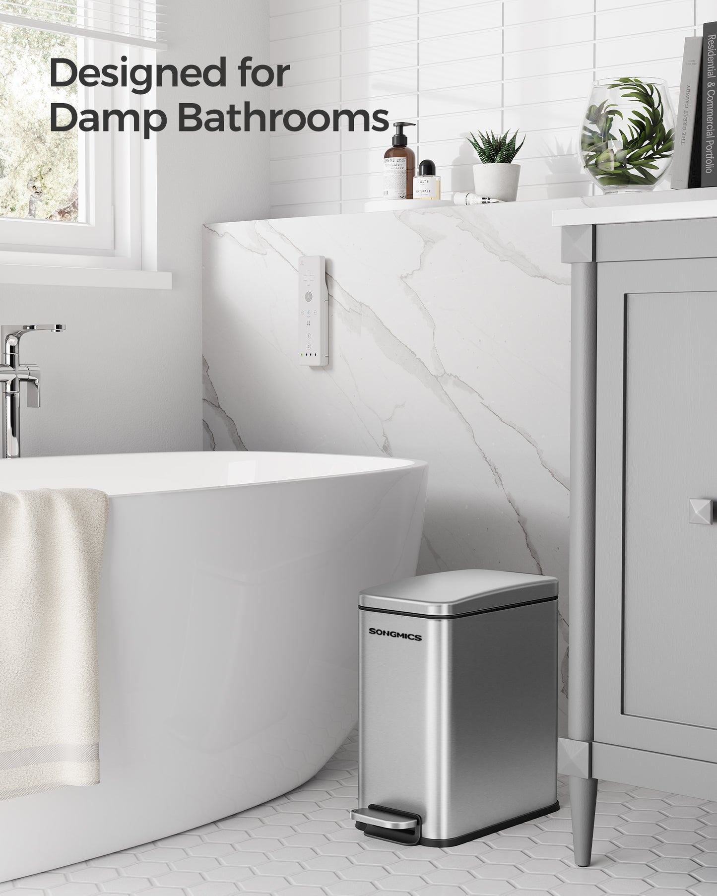 Bathroom Trash Can, 2.6 Gallon (10 L) Small Trash Bin with Lid, Slim for Small Spaces, Stainless Steel Garbage Can, Soft Close, Silver