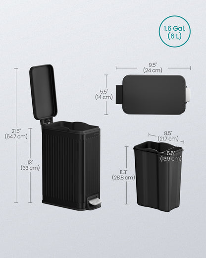 1.6-Gallon Bathroom Trash Can - Slim Stainless Steel Bin with Soft-Close Lid & Foot Pedal, Space-Saving Design, Ink Black